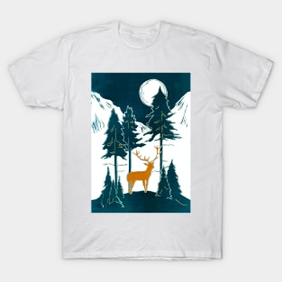 Golden Stag in Moonlit Mountains Linocut T-Shirt